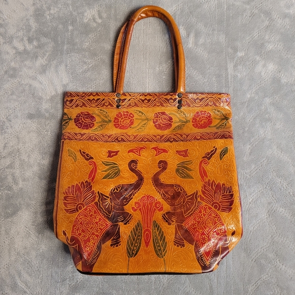 Genuine Leather Made In India Zipper Tote Bag Elephant Design with Bottom Studs - Picture 2 of 13